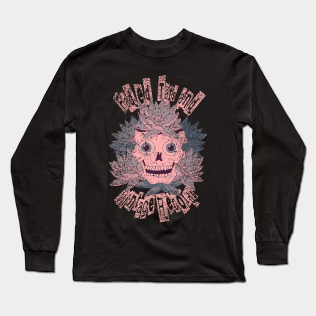 Faded Tats and Vintage Records. Worn/distressed muted pink skull design. Long Sleeve T-Shirt by Funky Chik’n